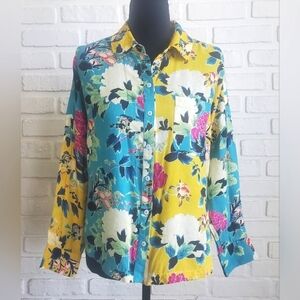Anthropologie Tropical Floral Button Down Shirt Blouse Top Long Sleeves Size XSP
